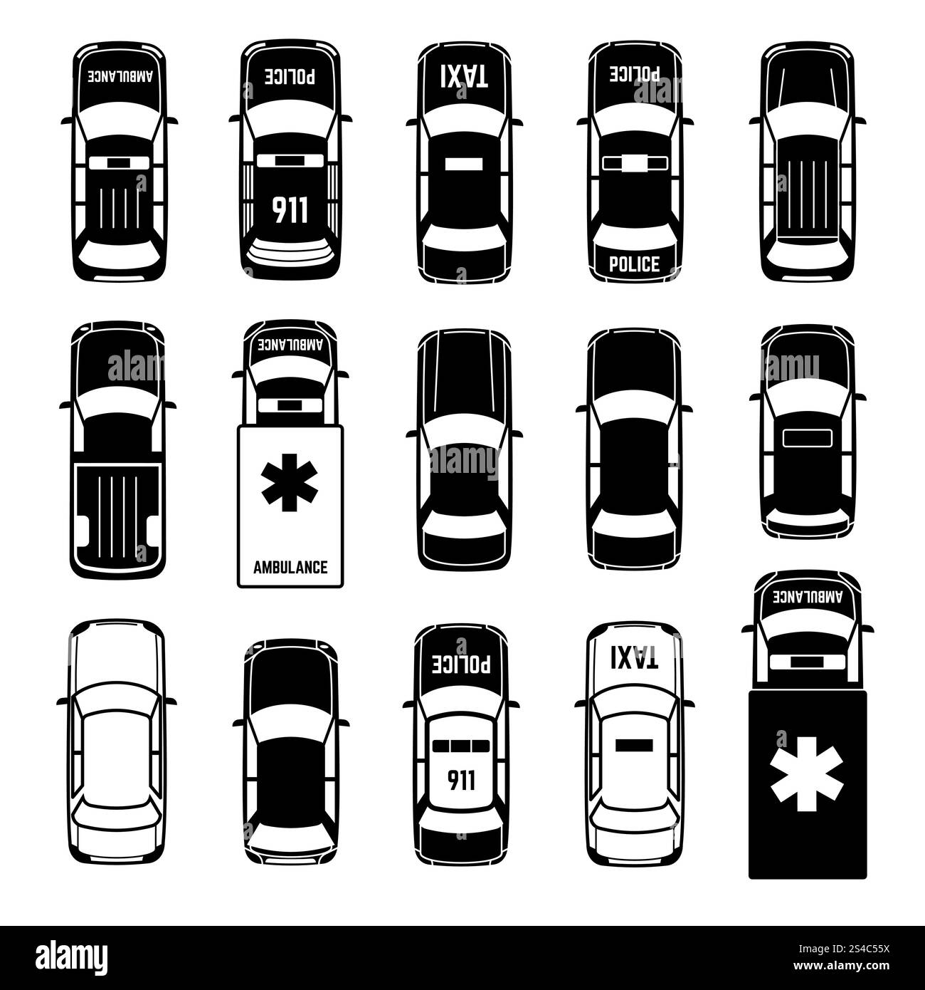 Auto Draufsicht Transport Vektor schwarze Symbole. Auto Draufsicht Fahrzeug Auto Transport Vektor schwarze Symbole. Krankenwagen und Polizei, Taxi Stock Vektor