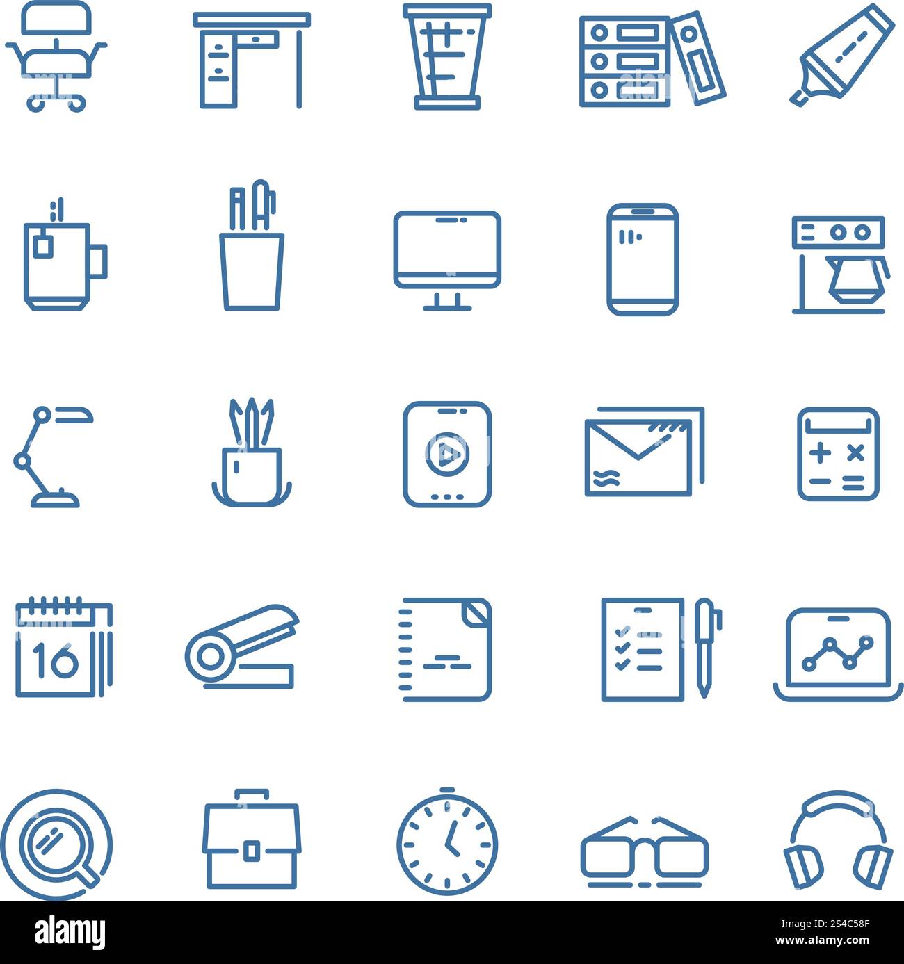 Vektorsymbole für dünne Linien im Büro-Arbeitsbereich. Vektorsymbole für dünne Linien im Büro-Arbeitsbereich. Lineare Symbole für Uhr und Bürotisch, Kalender und Aktenkoffer für Website und mobile App Stock Vektor