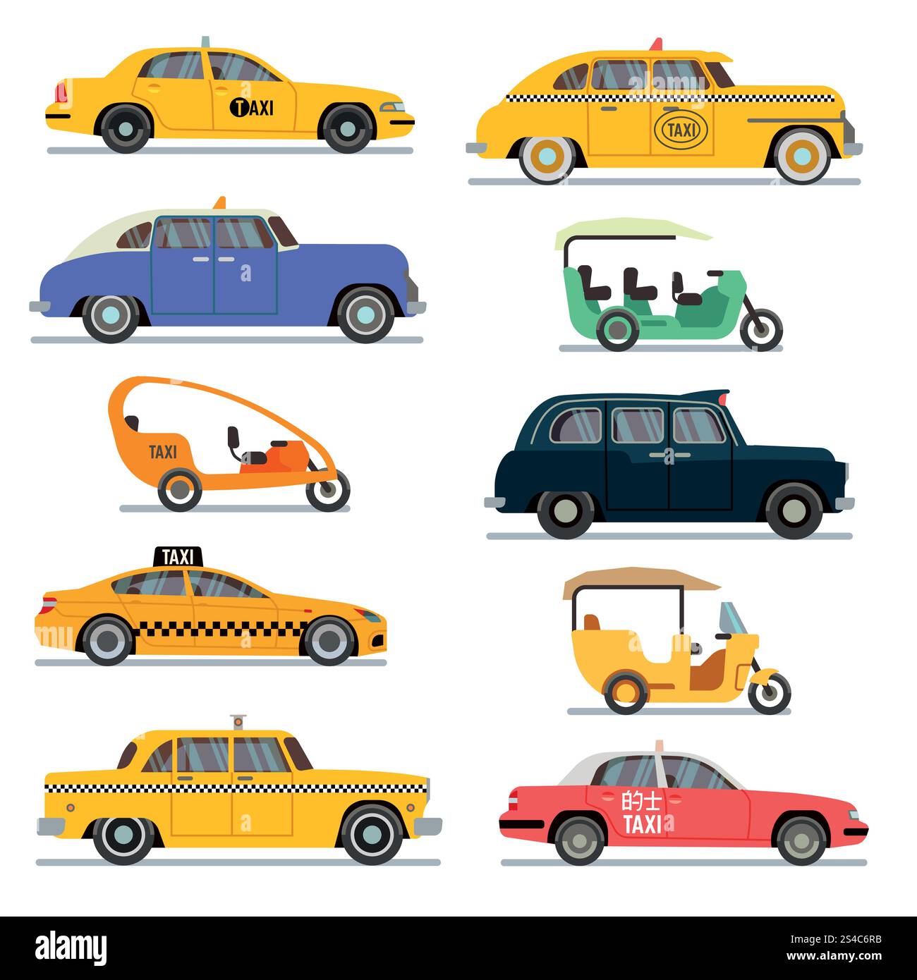 Weltberühmtes Taxi Autos Vektorset. Weltberühmte Taxiwagen. Vektorillustration für verschiedene Taxifahrzeuge Stock Vektor