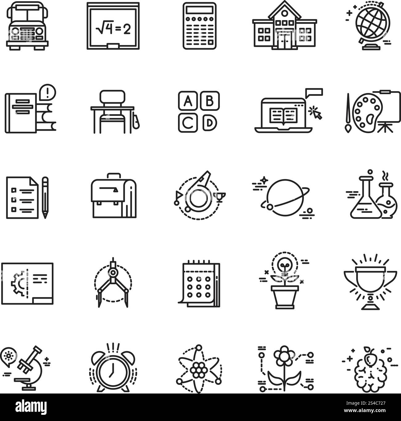 Bildung, Schule, Wissenschaft, Lernen dünner Linien Vektorsymbole. Bildung, Schule, Wissenschaft, Lernen dünner Linien Vektorsymbole. Ausbildung am College, Lehre Chemie Illustration Stock Vektor