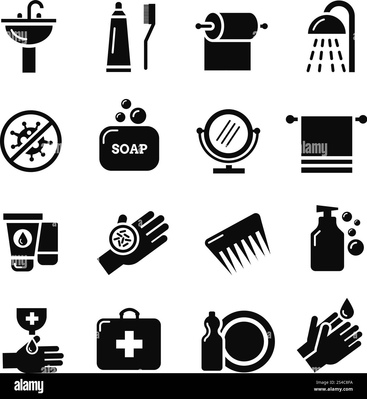 Hygiene, Bakterien Virenschutz Vektorsymbole. Hygiene, Bakterien Virenschutz Vektorsymbole. Pflege und medizinische Hygiene. Symbol für Schutz und Hygiene in der Abbildung des Sets Stock Vektor