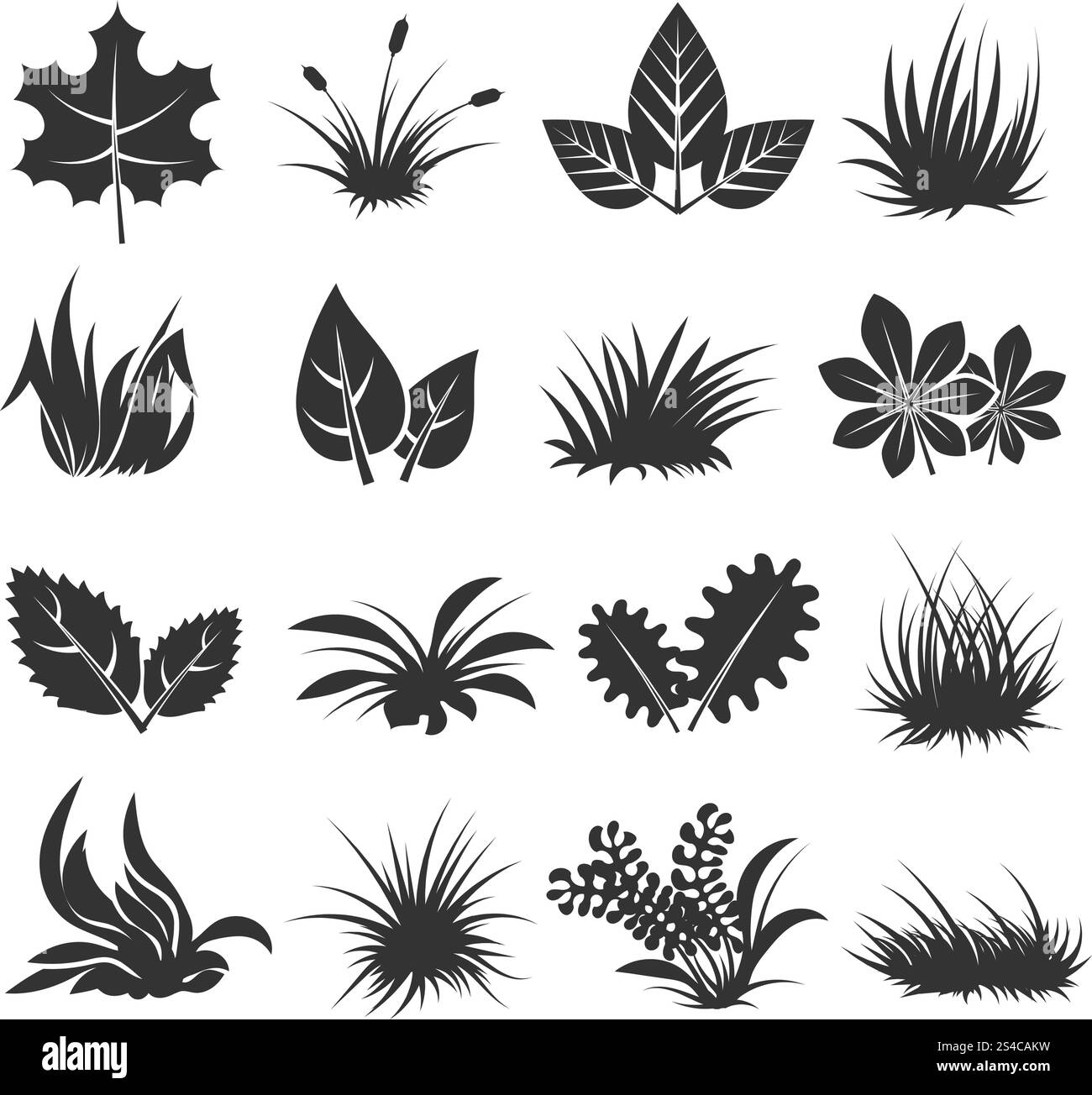 Vektorsymbole für Blätter und Gras. Blätter- und Grasvektorsymbole, Satz von Pflanzen in schwarzer Farbe. Sammlung von Bio-Kräutern in monochromer Illustration Stock Vektor