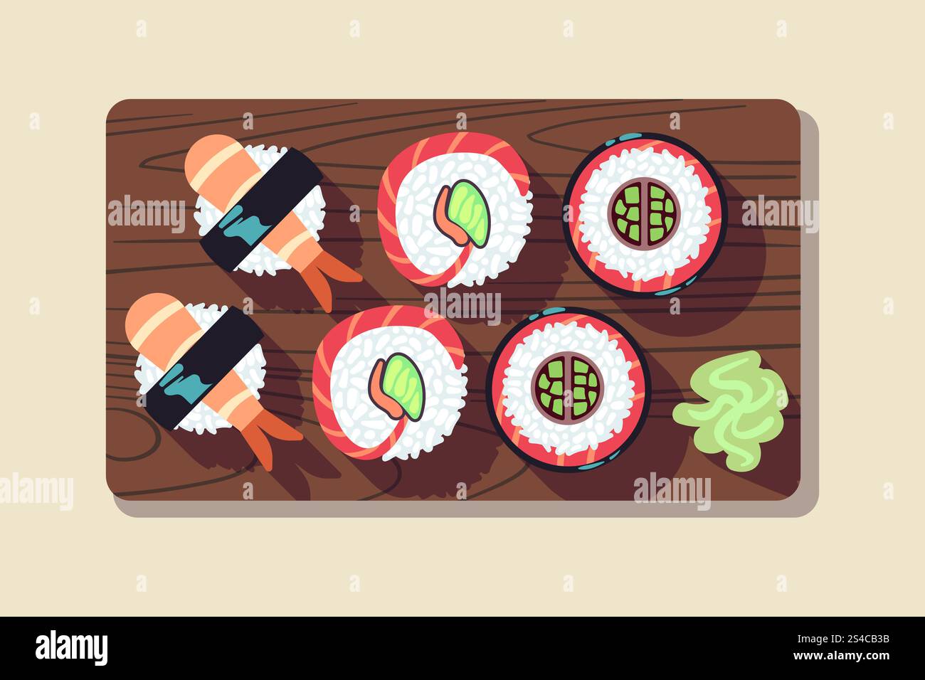 Japanisches Sushi über einem Teller Vektor Illustration. Japanisches Sushi über einem Teller Vektor Illustration. Sushi-Essen im Restaurant Stock Vektor