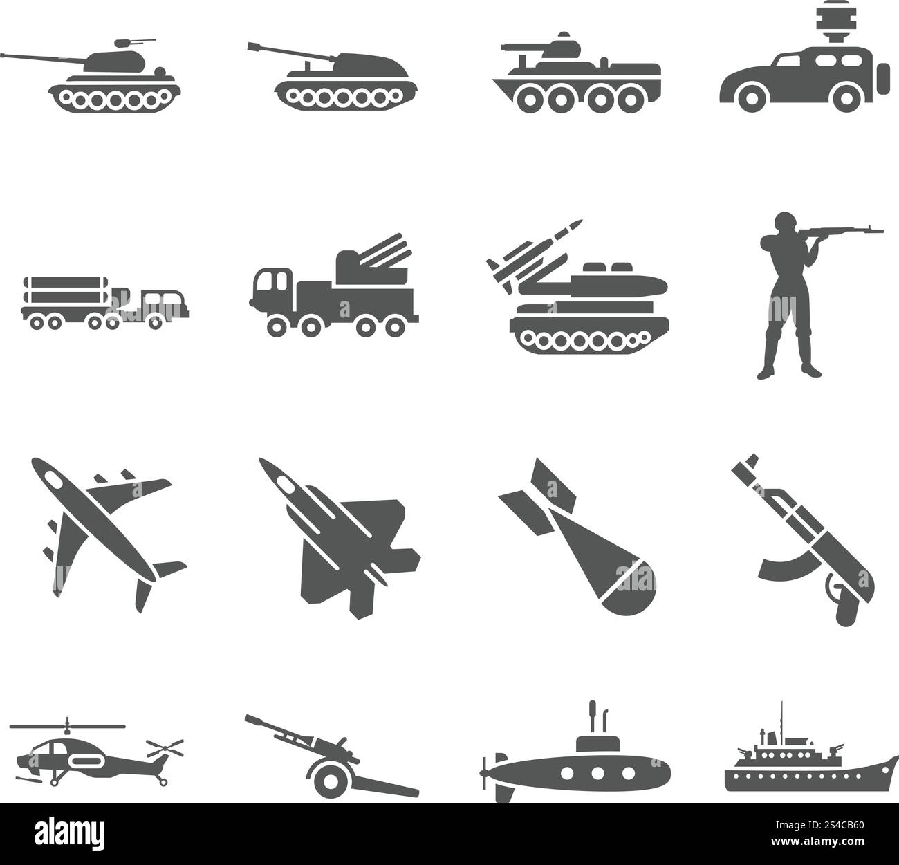 Armee, militärische Vektorsymbole Set. Armee, militärische Vektorsymbole Set. Militärwaffe, Militärrakete, militärische Transport Illustration Stock Vektor