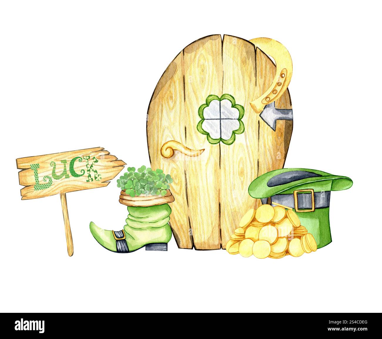 Aquarell St. Patrick's Day Komposition mit grünem Hut und Schuh, Goldmünzen, Hufeisen, Wegweiser isoliert auf weißem Hintergrund. Irischer Urlaub Stockfoto