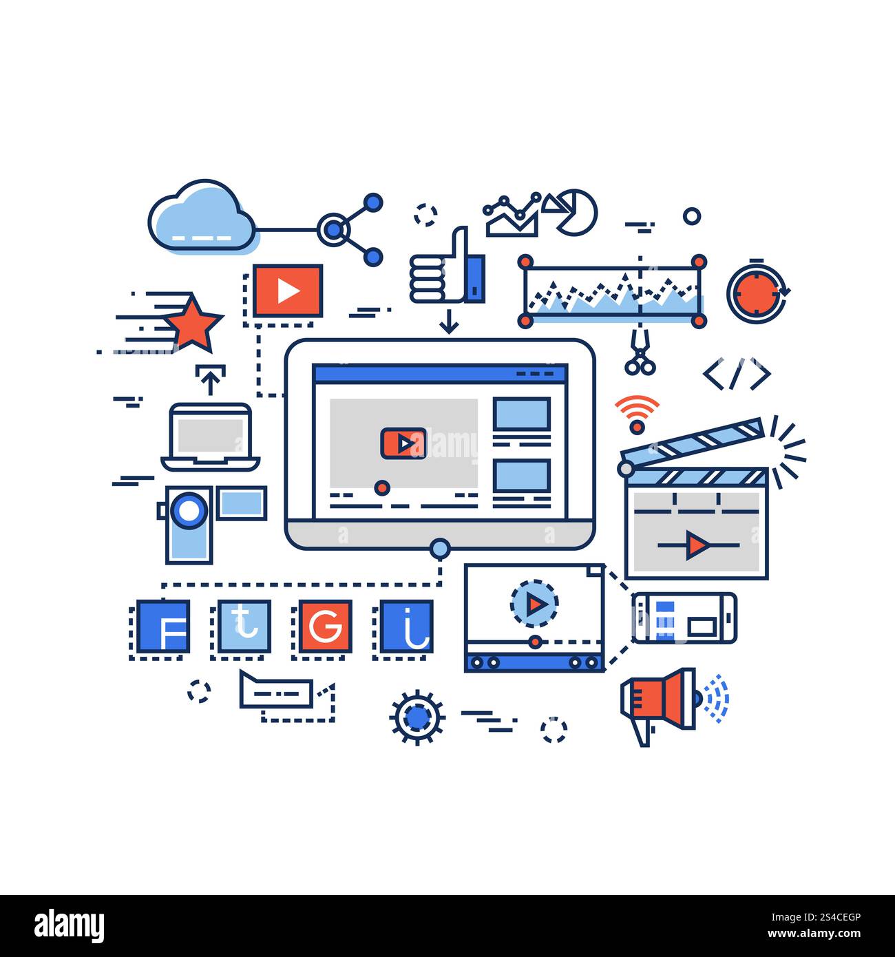 Videoproduktion, digitales Medienmarketing, Clip- und Filmproduktion, youtuber-Vektorkonzept mit flachen Symbolen. Videoproduktion, digitales Medienmarketing, Clip- und Filmproduktion, youtuber-Vektorkonzept mit flachen Symbolen. Medienvideo, digitale Videoentwicklung, Produktions-Video-Illustration Stock Vektor
