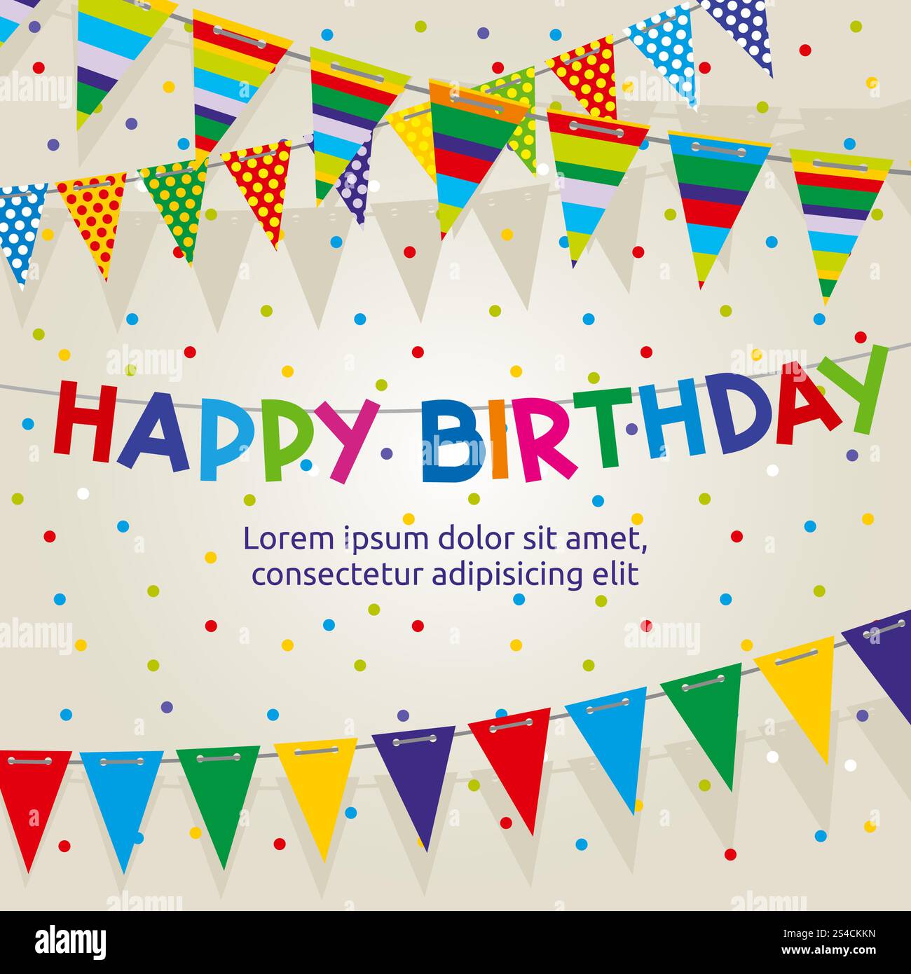 Geburtstagsparty-Vektor-Poster mit bunten Buntgirlanden. Geburtstagsparty-Vektor-Poster mit bunten Buntgirlanden. Banner Geburtstag mit Konfetti, Illustration hängende Girlanden für Geburtstagsfeier Stock Vektor