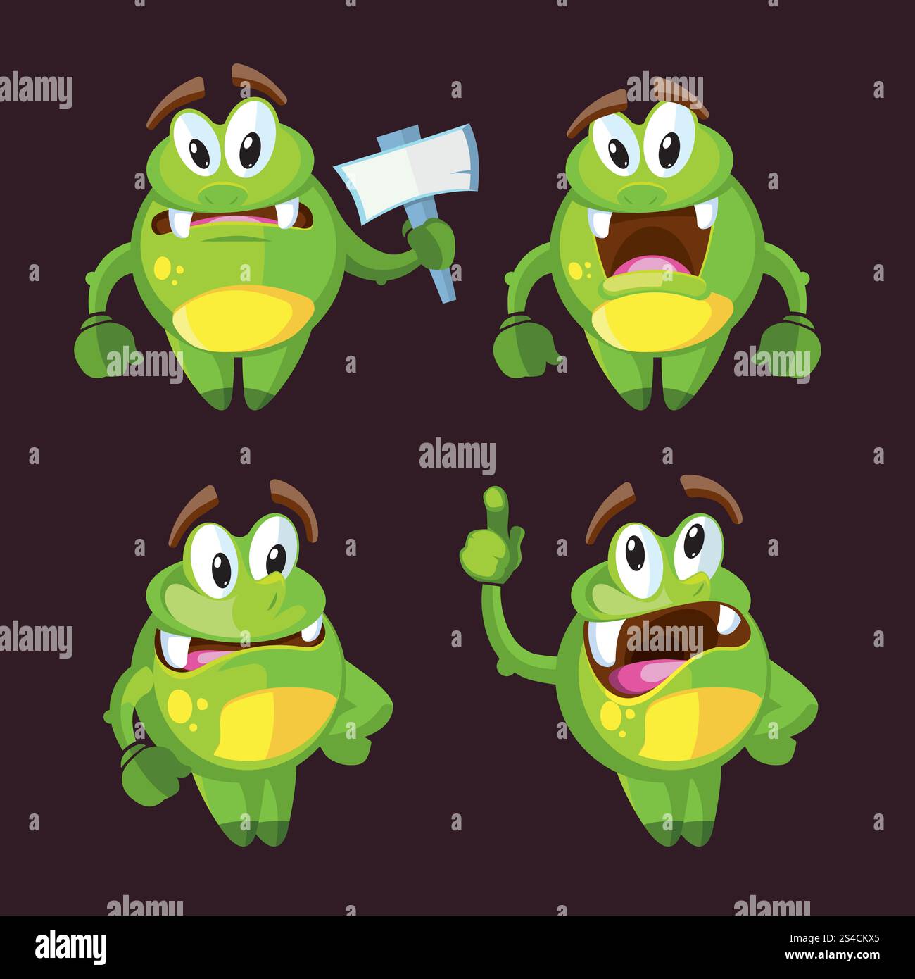 Niedliche Cartoon Monster Figur in verschiedenen Posen Vektor Illustration. Niedliche Cartoon Monster Figur in verschiedenen Posen Vektor Illustration. Lustige Kreatur in grüner Farbe Stock Vektor