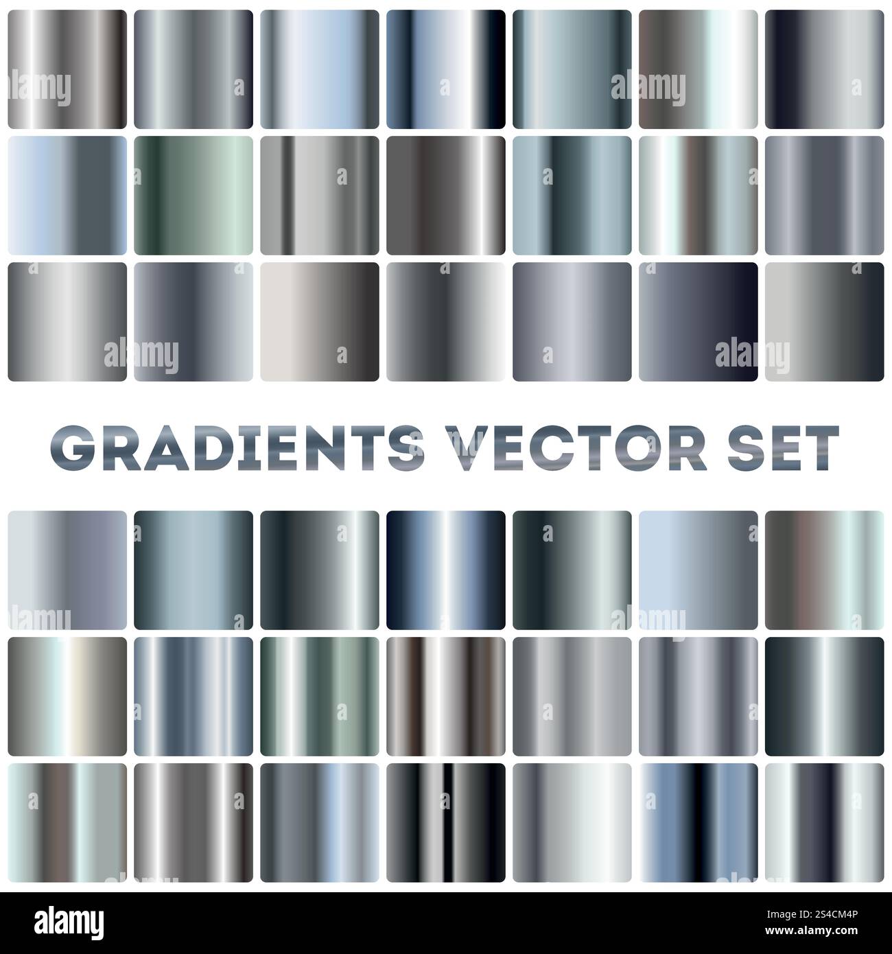 Silber, Stahl, Chrom Gradienten Vektorsatz. Silber, Stahl, Chrom Gradienten Vektorsatz. Quadratische Abbildung der Aluminiumplatte Stock Vektor