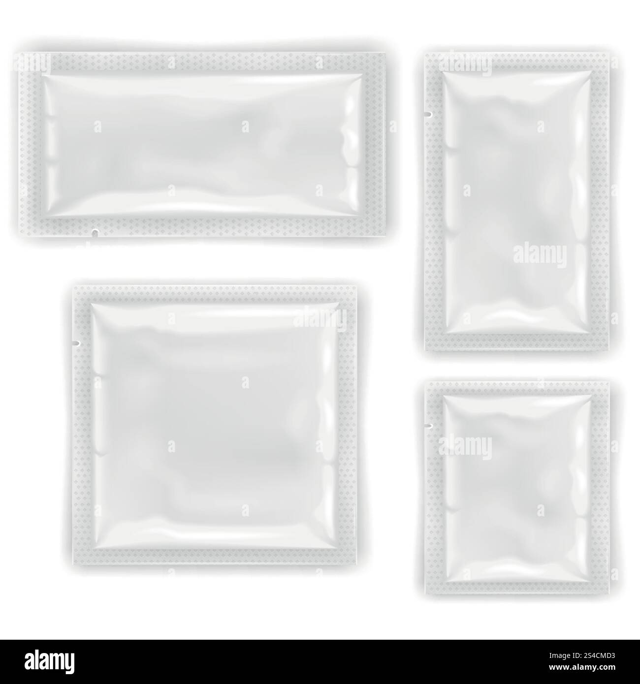 Weiße leere Folie, Kunststoffverpackungen für Kosmetik- und Lebensmittelvektorvorlagen, Design-Mockups. Weiße leere Folie, Kunststoffverpackung für Kosmetik- und Lebensmittelvektorvorlagen, Design-Mockups versiegelte Verpackung für Tücher oder Kondomillustration Stock Vektor