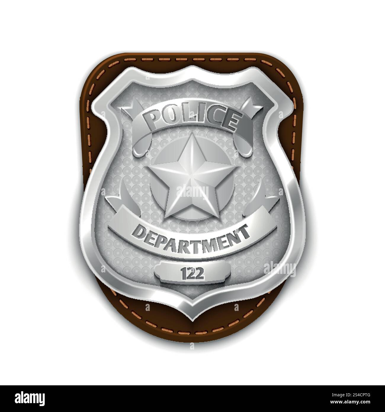 Silberne Stahlpolizei, Sicherheitsabzeichen isoliert auf weißem Hintergrund Vektor-Illustration. Silberne Stahlpolizei, Sicherheitsabzeichen isoliert auf weißem Hintergrund Vektor-Illustration. Emblem für Sheriff oder Polizist Stock Vektor
