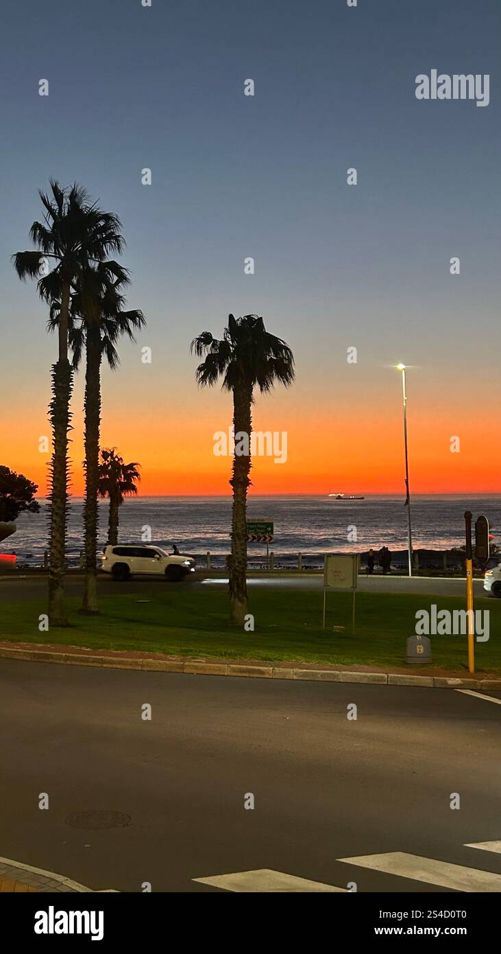 Sonnenuntergang mit Palmen in Sea Point, Kapstadt, Südafrika - Smartphone-aufgenommenes Stockfoto