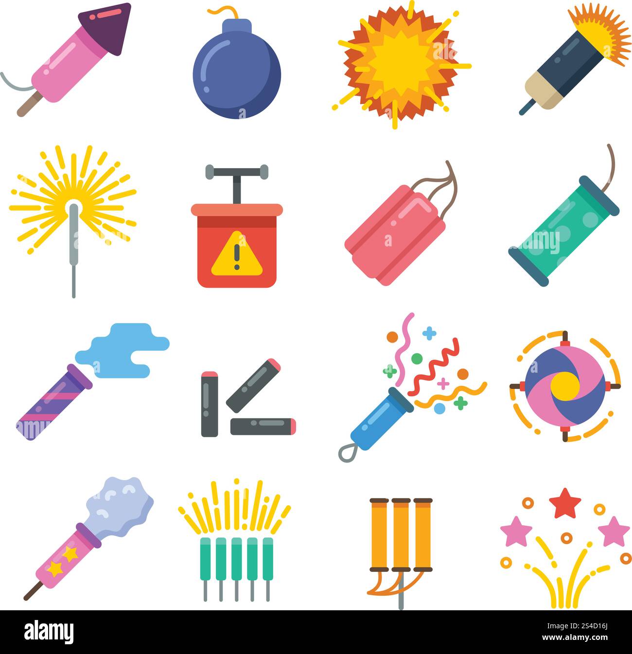 Weihnachtsfeuerknacker, Funkler, Feuerwerk und Pyrotechnik flache Vektorsymbole. Explosion Pyrotechnik und Feuerwerkskörper, funkeln bunt aus pyrotechnischer Dynamit Illustration. Weihnachtsfeuerknacker, Funkler, Feuerwerk und Pyrotechnik flache Vektorsymbole Stock Vektor