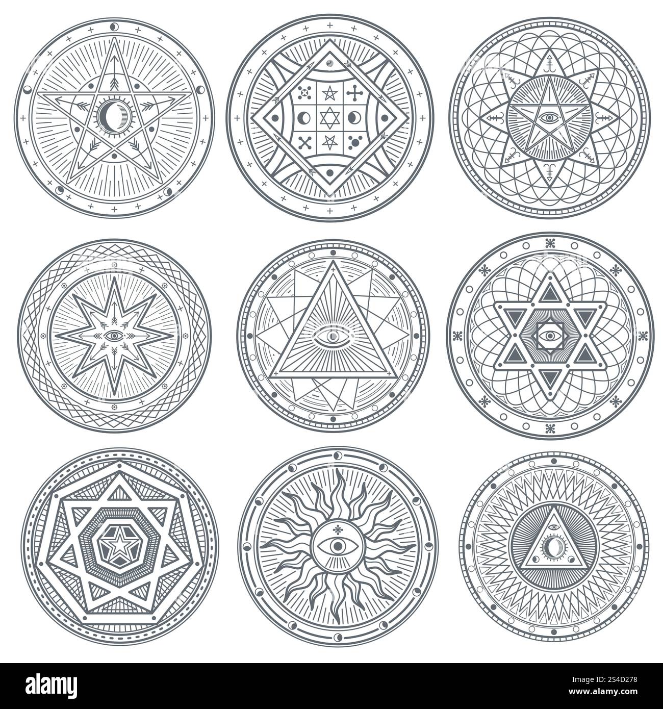 Okkulte, mystische, spirituelle, esoterische Vektorsymbole. Spirituelles Freimaurertätowierungssymbol, Illustration spiritueller Religionszeichen. Okkulte, mystische, spirituelle, esoterische Vektorsymbole Stock Vektor