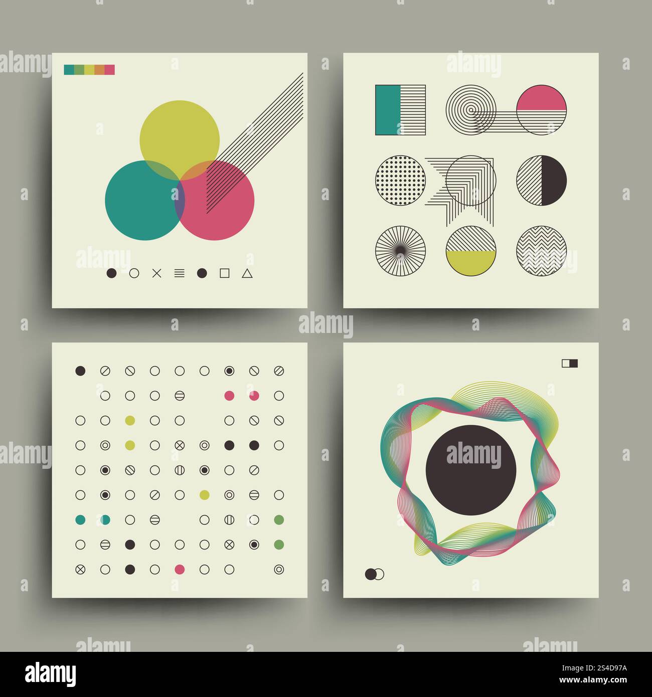 Alte Zeitschrift, Vintage-Album-Cover im schweizer Stil Vektor. Set aus Retro-Plakat, Broschüre mit trendigem Retro-Muster-Illustration. Altes Magazin, Vintage-Album-Cover im schweizer Stil Vektor-Set Stock Vektor