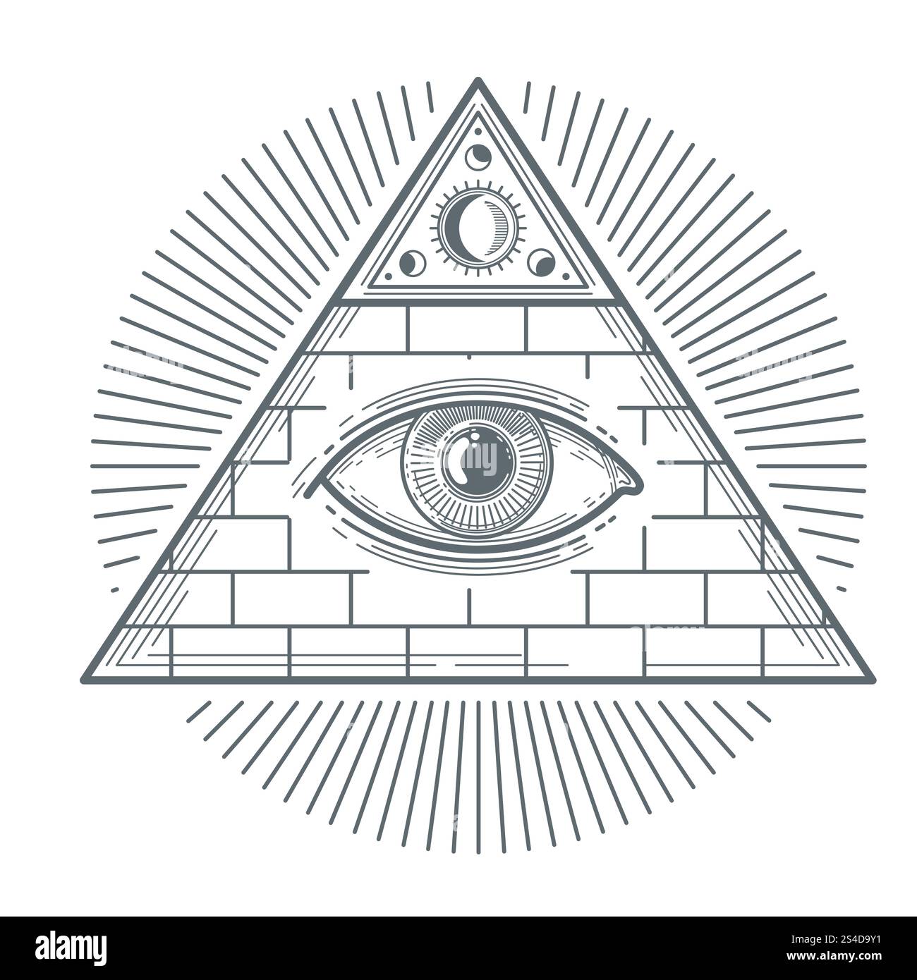 Mystisches okkultes Zeichen mit Freimaureraugensymbol-Vektorillustration. Freimaurermystisches Zeichen, Pyramide mit Auge. Mystisches okkultes Zeichen mit Freimaureraugensymbol-Vektorillustration Stock Vektor