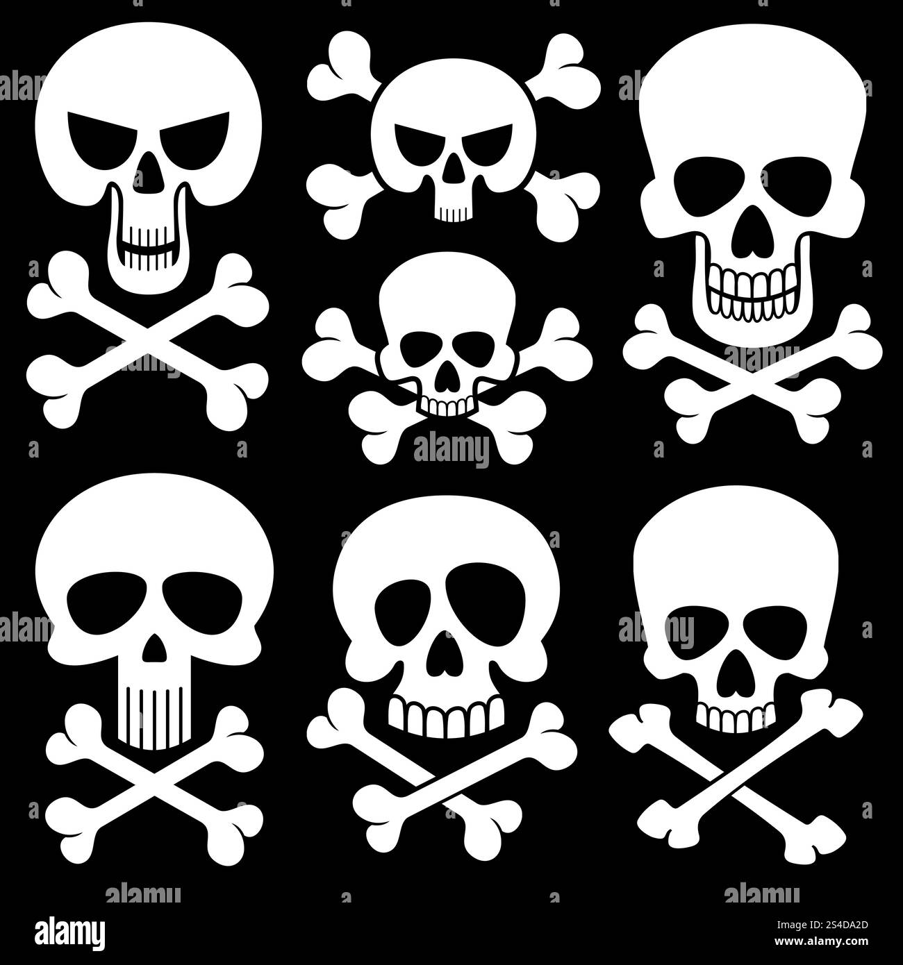 Piraterie Schädel und Kreuzknochen Vektorsymbole. Tod, gruselige Symbole. Abbildung mit weißem Schädel und Kreuzknochen. Piraterie Schädel und Kreuzknochen Vektorsymbole. Tod, gruselige Symbole Stock Vektor
