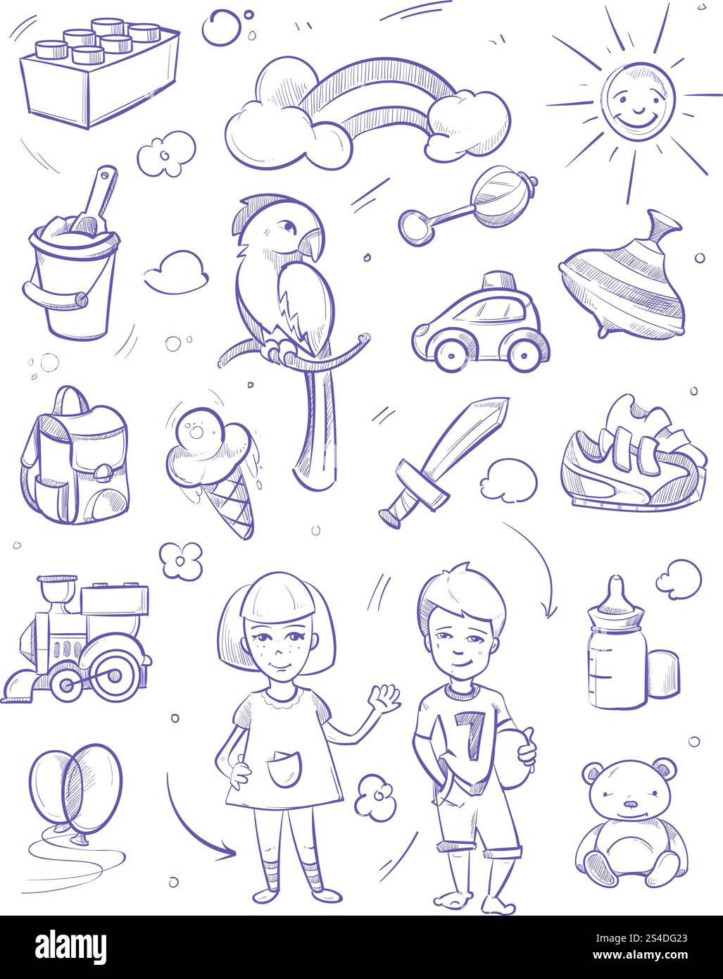 Kinder Träume Vektor Hintergrund mit Jungen, Mädchen, Haustiere, Spielzeug und Kinder anderes Objekt. Skizze von Eis und Teddy, Illustration Zeichnung Skizze Kinder Schwert und Konstrukteur. Kinder Träume Vektor Hintergrund mit Jungen, Mädchen, Haustiere, Spielzeug und anderen Objekten Stock Vektor