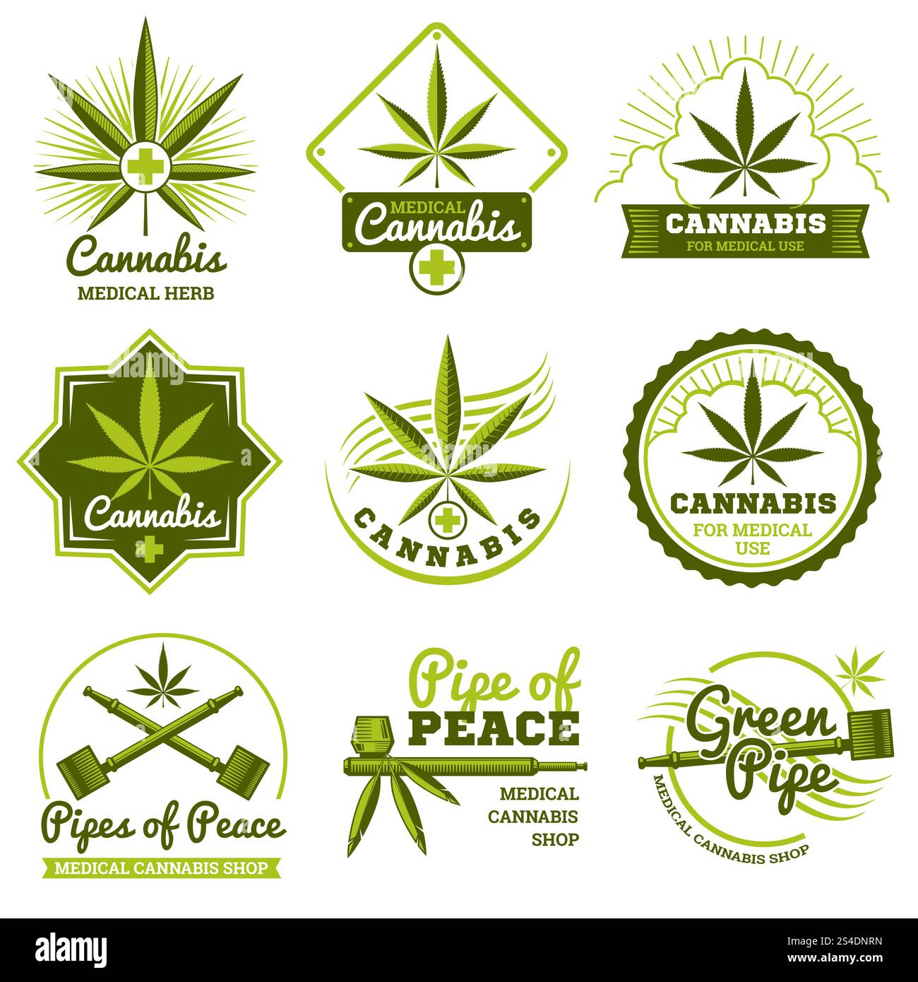 Haschisch, Rastaman, Hanf, Cannabis Vektor Logos und Etiketten Set. Medizin Marihuana und Label Shop Marihuana Bio Illustration. Haschisch, Rastaman, Hanf, Cannabis Vektor Logos und Etiketten Set Stock Vektor