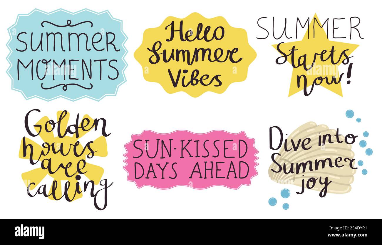 Handgezeichneter Doodle-Schriftzug für die Sommersaison. Sammlung von Abzeichen oder Aufklebern für den Sommer. Stock Vektor