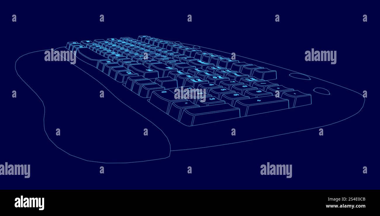 Tastatur mit blauem Hintergrund. Die Tastatur besteht aus vielen Punkten. Die Tastatur ist nicht echt, aber sie sieht aus wie eine echte Tastatur Stock Vektor