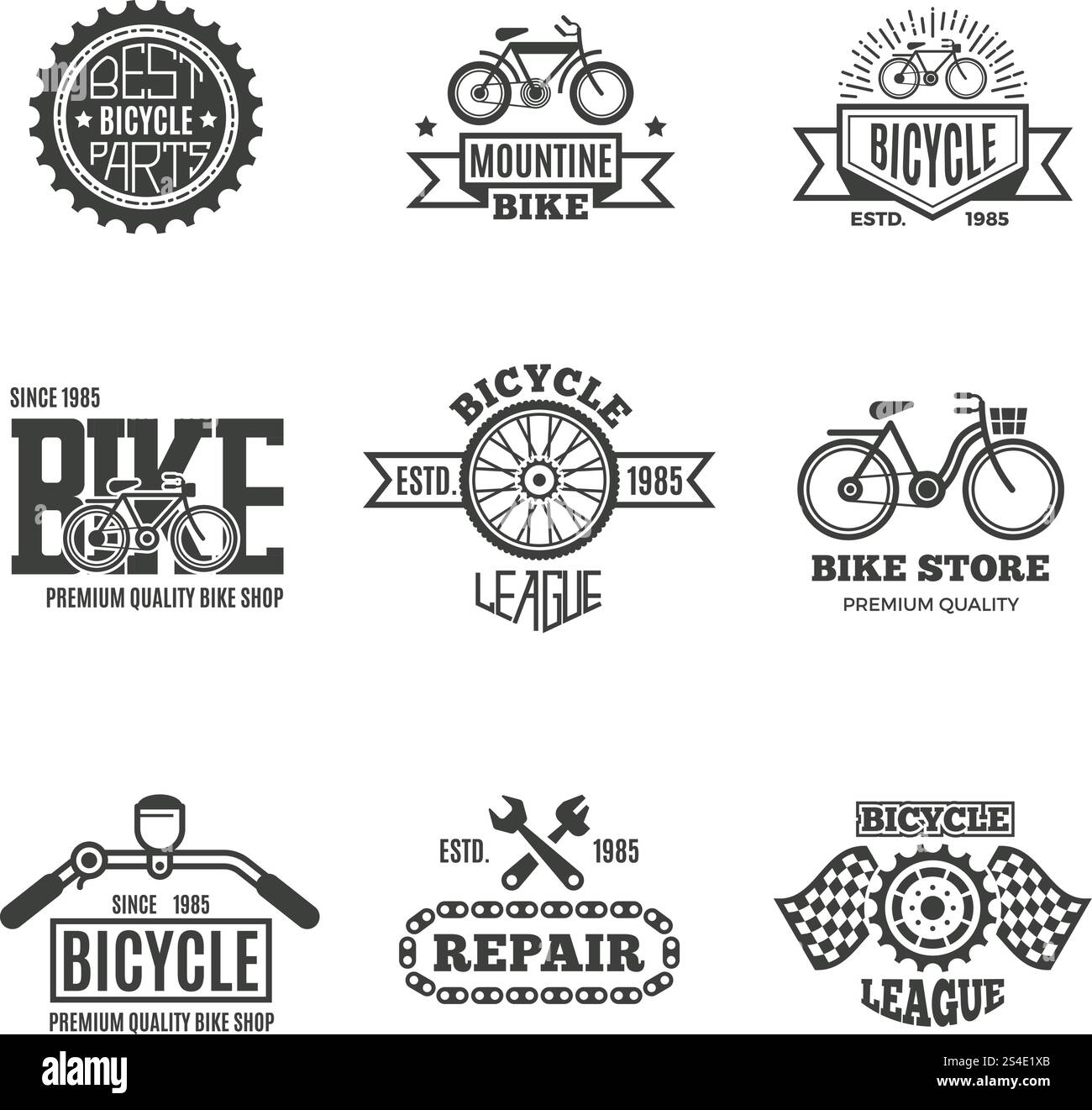 Fahrradladen, Fahrrad, Vintage-Vektoretiketten, Logo, Abzeichen und Embleme. Fahrradladen und Ladenausweis Fahrrad, Teil- und Reparaturabzeichen Illustration. Fahrradladen, Fahrrad, Vintage-Vektoretiketten, Logo, Abzeichen und Embleme Stock Vektor