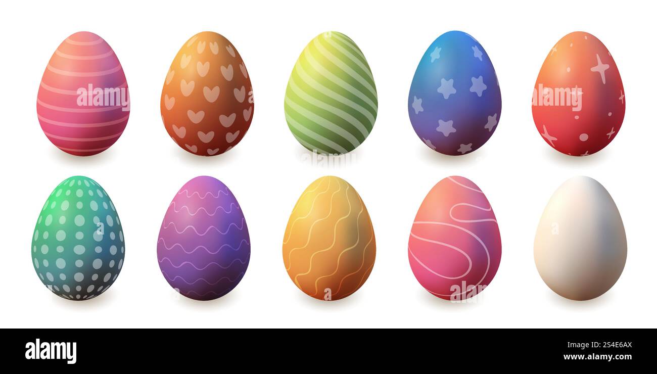 3D bunte, bunte Ostereier mit verschiedenen Mustern, Vektor Stock Vektor