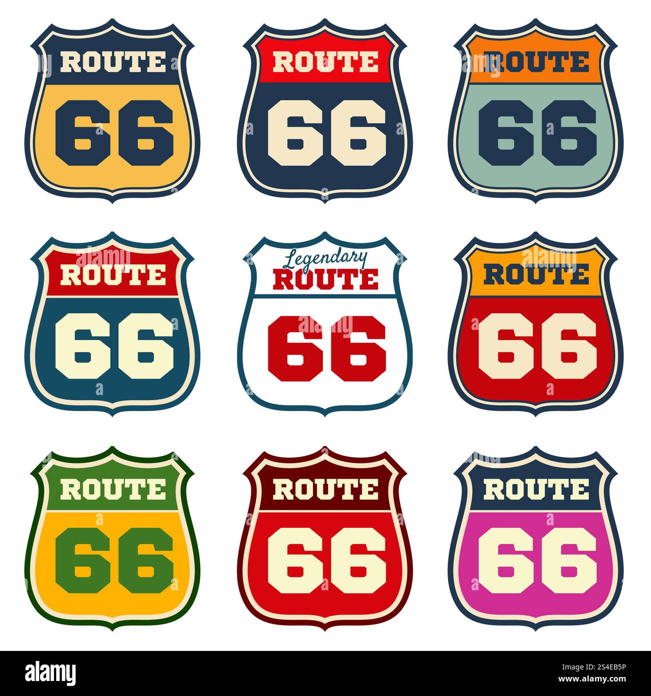 Route 66, alte US Highway Vektor Embleme. Autobahnschild für Transport, Streckenschild und Emblem für Reiseabbildung. Route 66, alte US Highway Vektor Embleme Stock Vektor