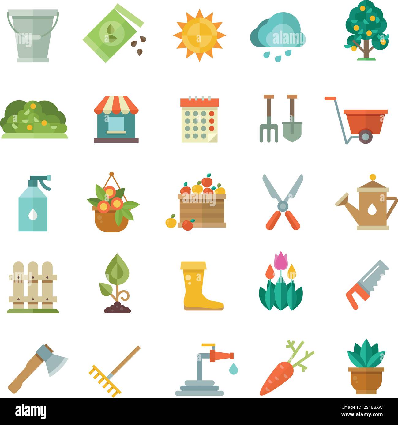 Gartenwerkzeuge, Gartengeräte flache Vektorsymbole. Schaufel und Rechen für Garten, Illustration von Bauernhof, Garten mit Baum. Gartenwerkzeuge, Gartengeräte flache Vektorsymbole Stock Vektor