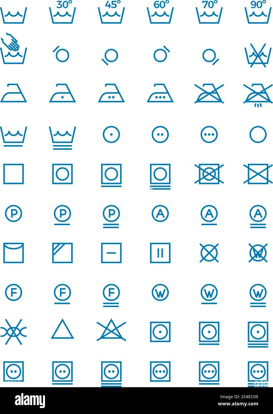 Vektorsymbole zum Waschen und Wringen, Trocknen und Bügeln von Kleideretiketten. Symbole für die Pflegelinie von Kleidungsstücken. Anleitung Waschen für Kleidung Illustration. Vektorsymbole zum Waschen und Wringen, Trocknen und Bügeln von Kleideretiketten. Symbole für die Pflegelinie von Kleidungsstücken Stock Vektor