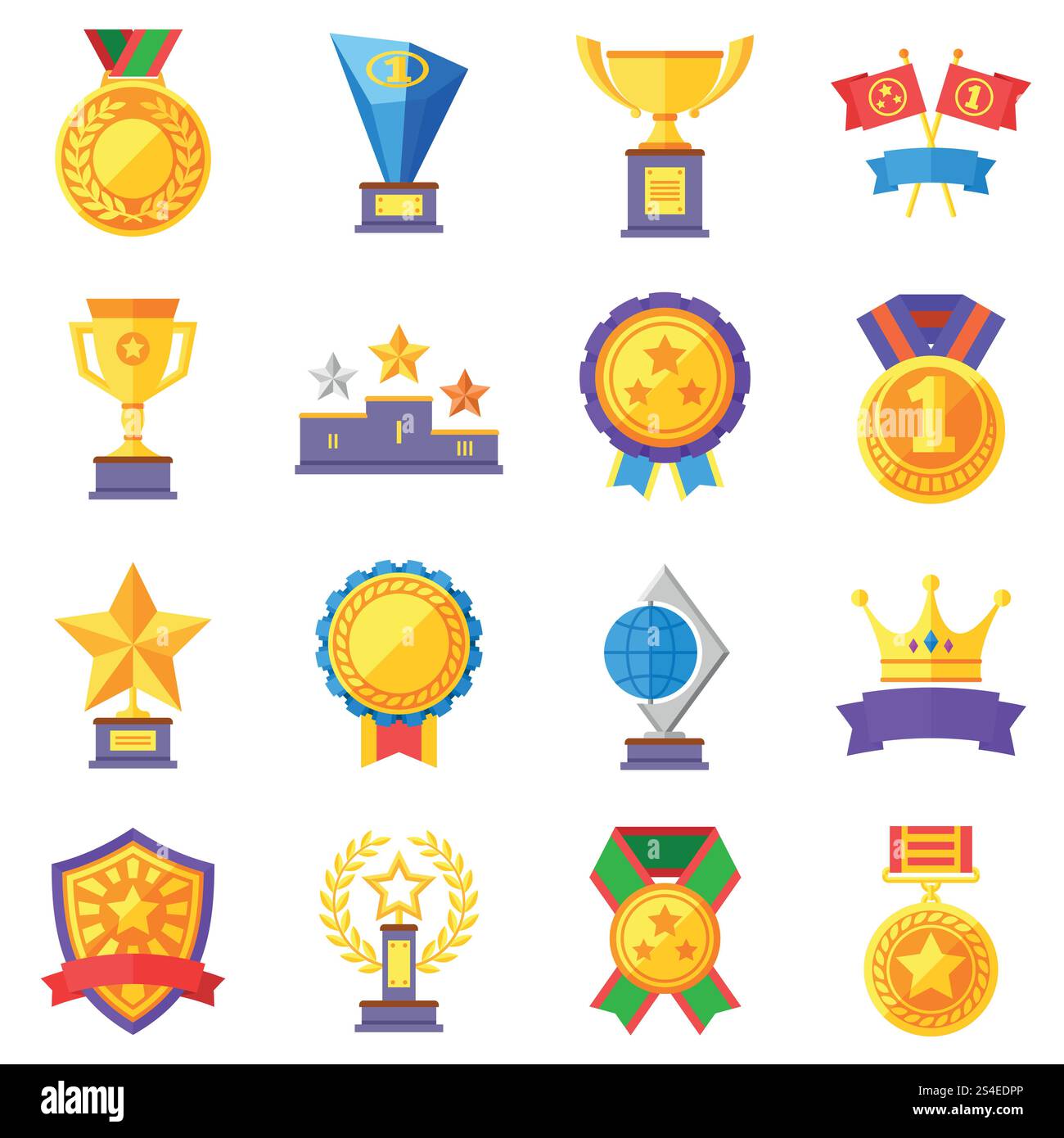 Vektorsymbole für flache Belohnungen. Goldene Becher, Medaillen und Kronen Piktogramme. Medaille und Sporttrophäe, Illustration des Leistungswettbewerbs. Vektorsymbole für flache Belohnungen. Goldene Becher, Medaillen und Kronen Piktogramme Stock Vektor