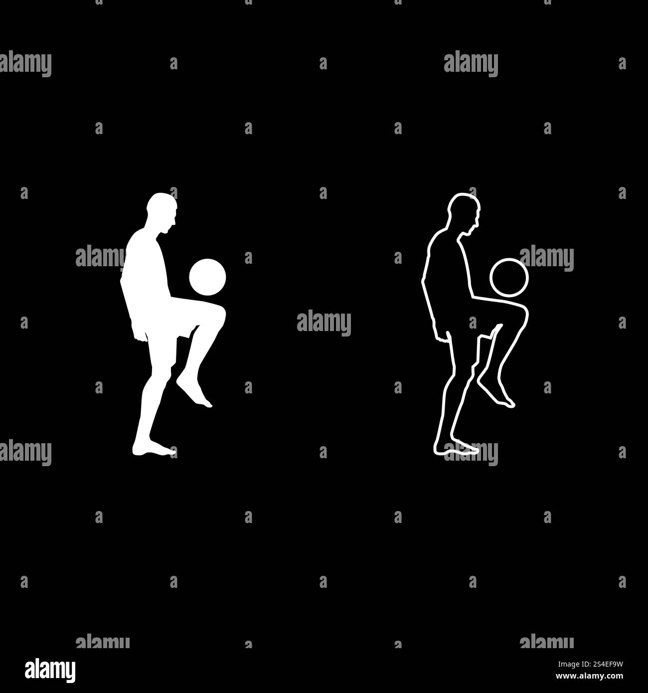 Fußball-Spieler jonglieren Kugel mit seinem Knie oder stopft den Ball auf seinem Fuß silhouette Icon Set Farbe weiß Vektor-illustration Flat Style simple Image Stock Vektor
