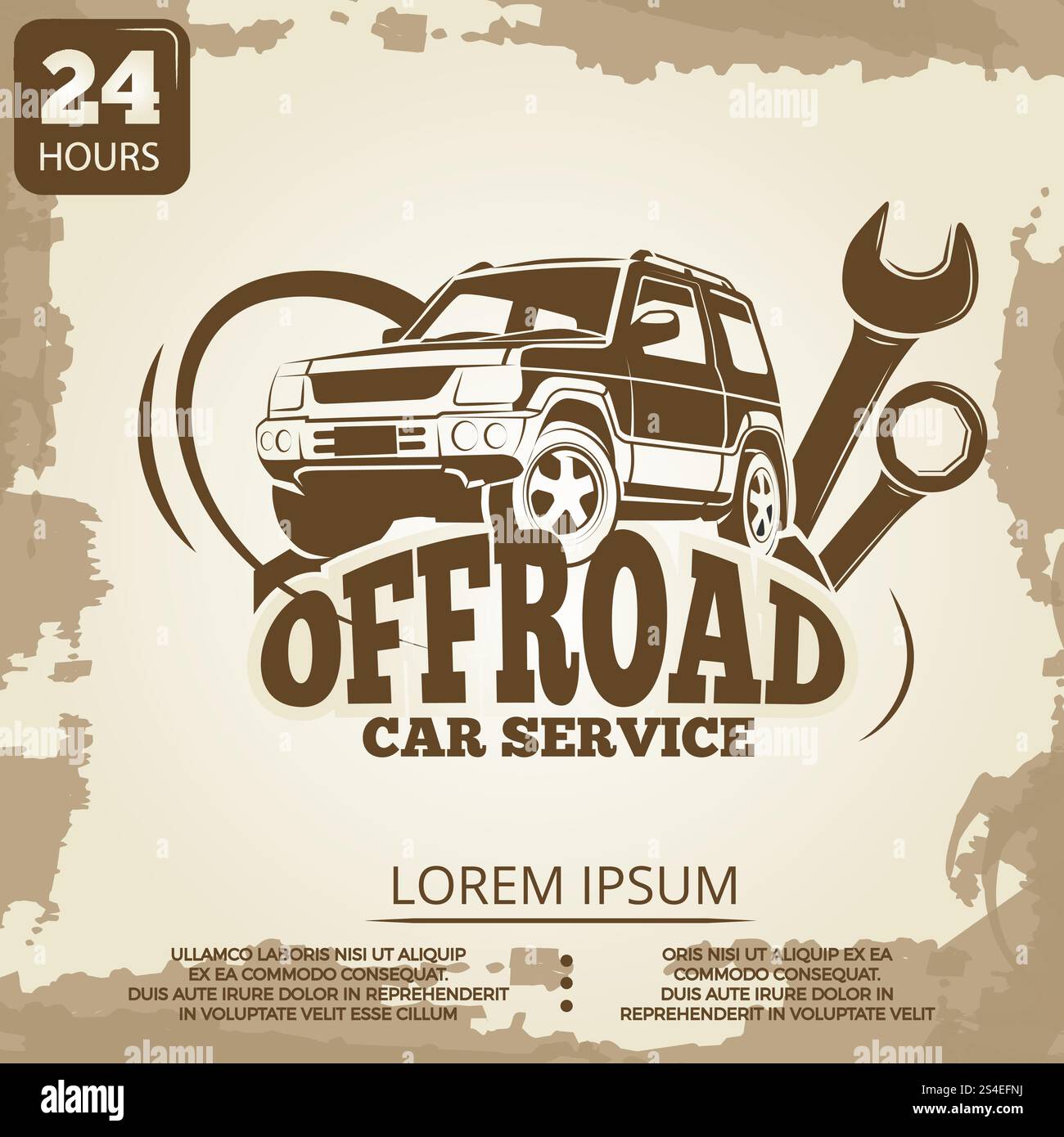 Oldtimer-Poster-Design für Offroad-Pkw-Service. Banner mit Auto, Vektorillustration. Oldtimer-Poster-Design für Offroad-Pkw-Service Stock Vektor