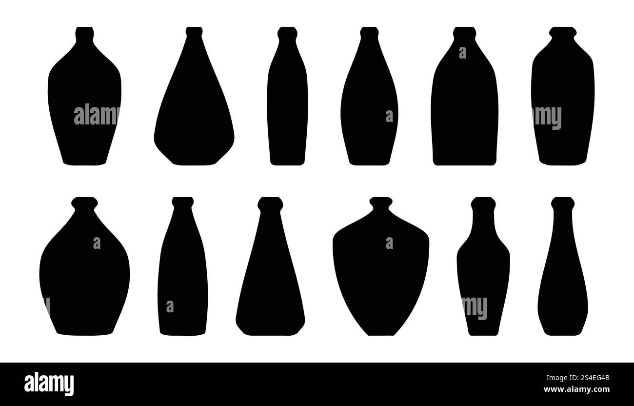 Flaschen aus verschiedenen Getränken, schwarze Silhouetten, isoliert auf weiß. Stock Vektor