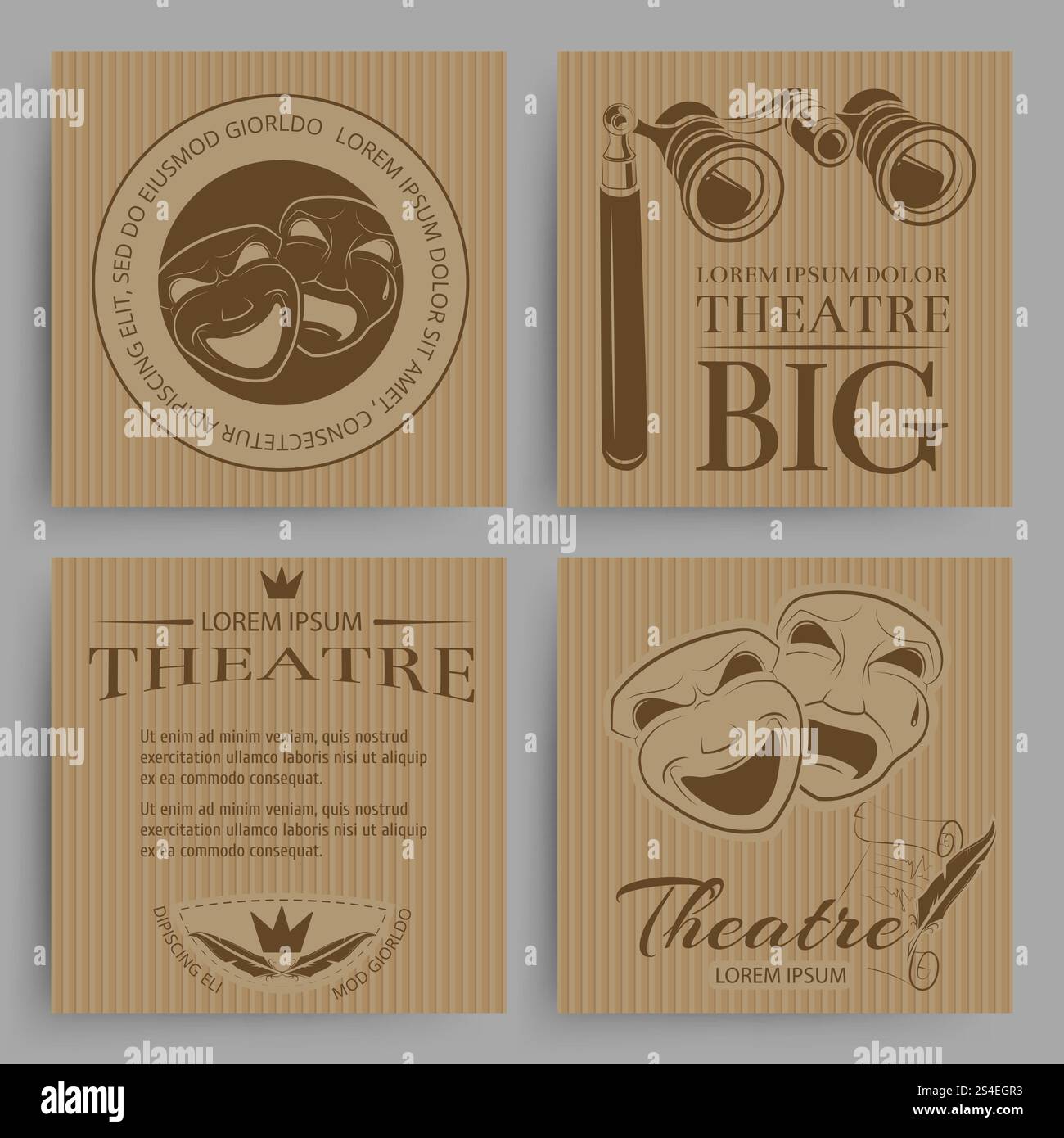 Sammlung von Vintage-Theaterkarten mit Theatersymbolen. Banner Kunst Unterhaltung, Vektor Illustration. Sammlung von Vintage-Theaterkarten mit Theatersymbolen Stock Vektor