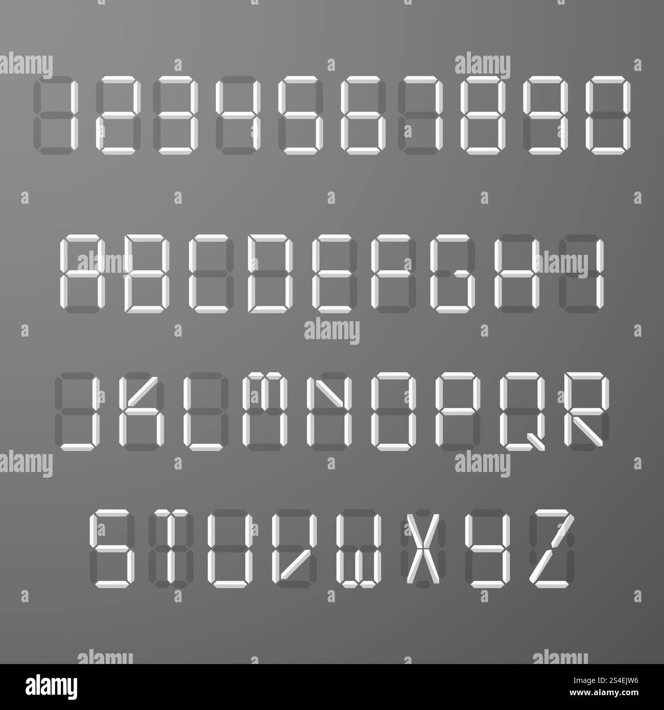 Digitale 3D-Anzeige Zeitzahlen und Buchstabenvektorsatz. Zahl und Buchstaben, Abbildung des Zahlenzeichens und abc. Digitale 3D-Anzeige Zeitzahlen und Buchstabenvektorsatz Stock Vektor