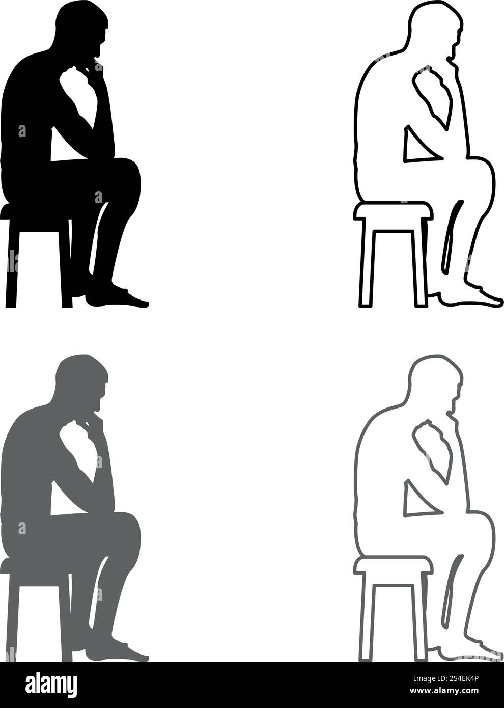 Denken Mann sitzt auf einem Hocker silhouette Icon Set Grau Schwarz Farbe Vektor-illustration Umrisse flacher Stil einfach Bild Stock Vektor