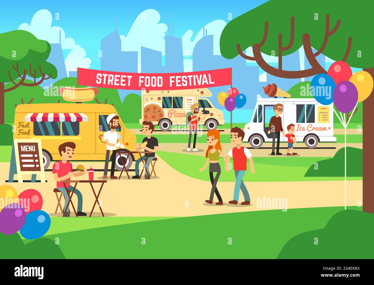 Cartoon Street Food Festival mit Menschen und Trucks Vektor Hintergrund. Street Food Festival und Markt Illustration. Cartoon Street Food Festival mit Menschen und Trucks Vektor Hintergrund Stock Vektor