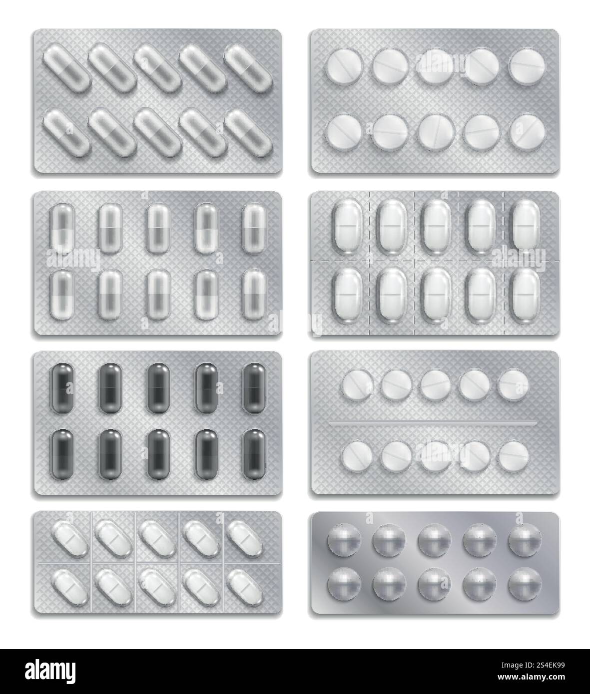 Realistische 3D-Medikamentenverpackung, Schmerzmittel-Pillen-Vektor-Set. Packung mit Medikamententabletten, Illustration von Chemietabletten Vitamin oder Schmerzmittel. Realistische 3D-Medikamentenverpackung, Schmerzmittel-Pillen-Vektor-Set Stock Vektor