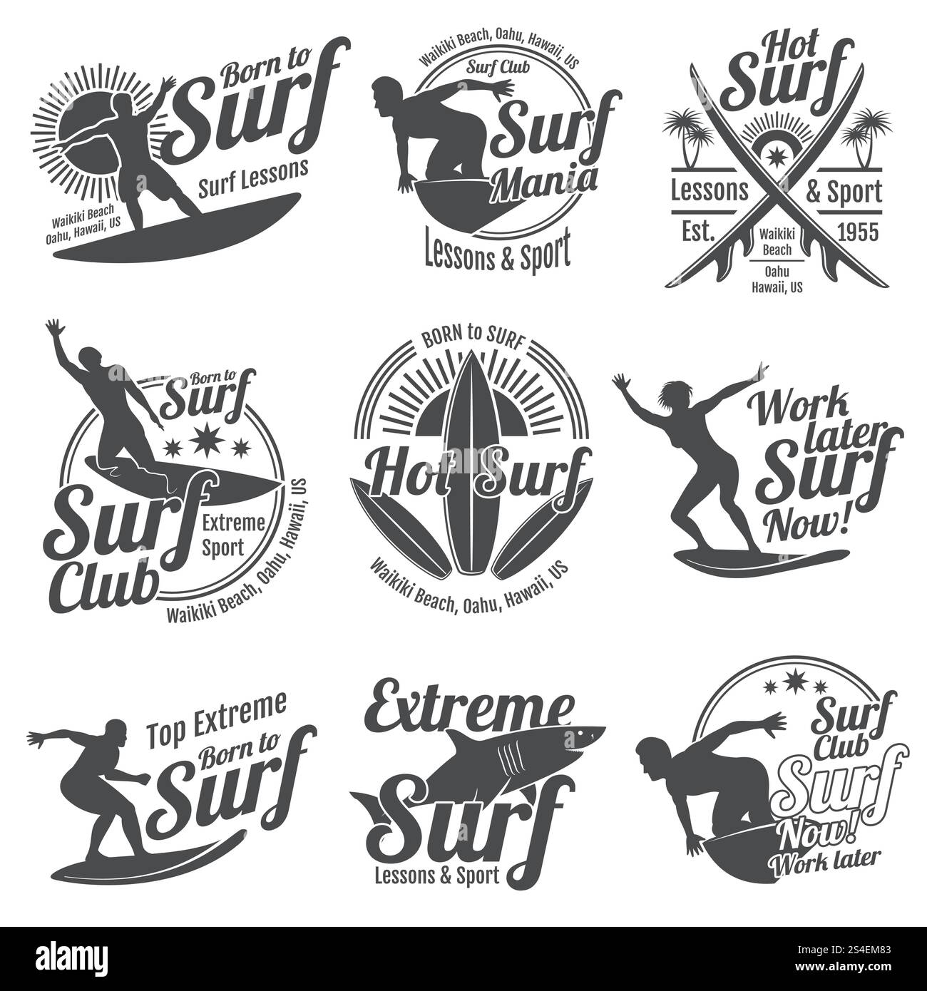 Vektor-Logos für den Sommer mit Surfer, Surfbrett und Ocean Wave. Sommer-Surfen, Illustration des Sport-Surf-Boardabzeichens. Vektor-Logos für den Sommer mit Surfer, Surfbrett und Ocean Wave Stock Vektor