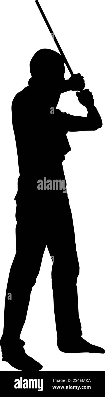 Mann mit Bandana auf seinem Gesicht, das versteckt seine Identität Mann hält Stock in Hand Konzept der Rebellion Konzept Protest und Gefahr Icon schwarz Farbe Vektor Illustration flache Stil einfaches Bild Stock Vektor