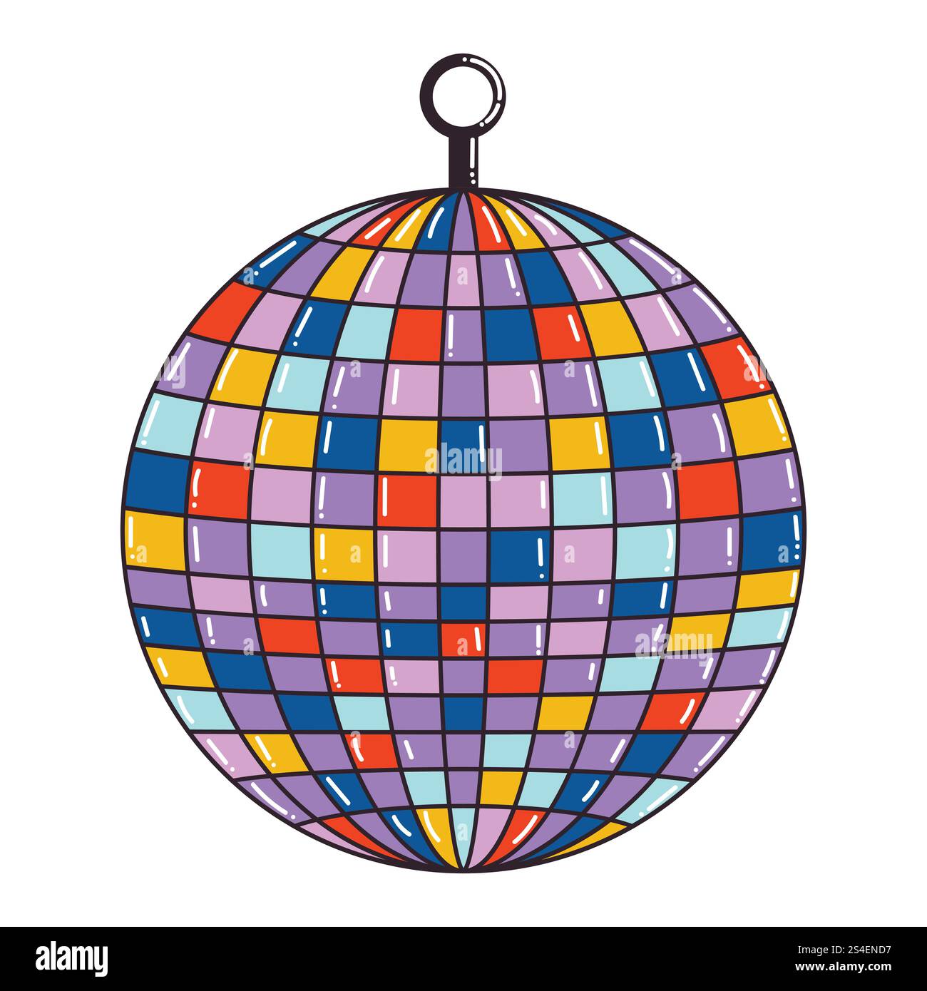 Bunte Comic Disco Kugel isoliert auf weißem Hintergrund. Retro-Partyball im Stil der 90er Jahre. Stock Vektor
