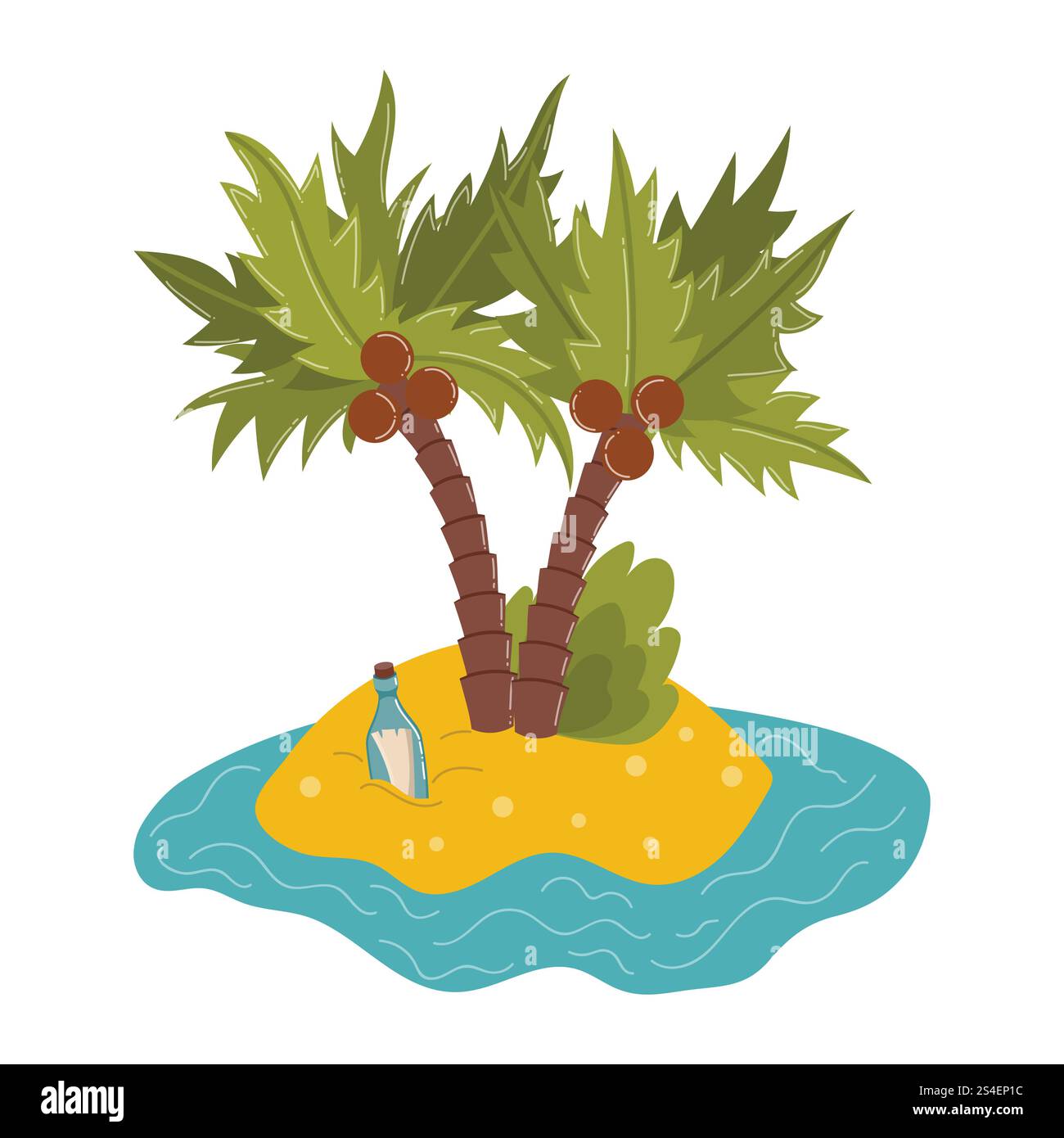 Comic mysteriöse Insel mit Palmen und einer Botschaft in einer Flasche. Sea Pirate Island. Stock Vektor