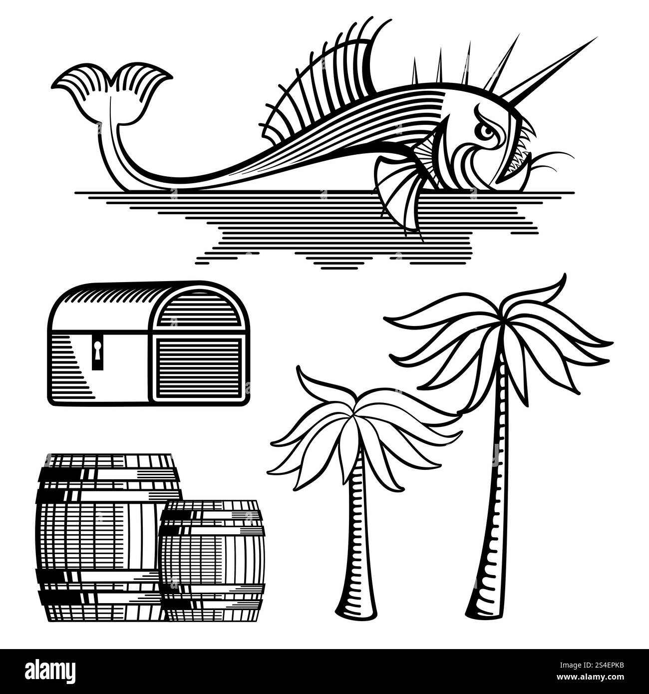 Wütende Fische, Schatzkiste, Fässer und Palmen isoliert auf weiß - Objekte zum Färben. Vektorabbildung. Fisch, Schatzkiste, Fässer und Palmen Stock Vektor