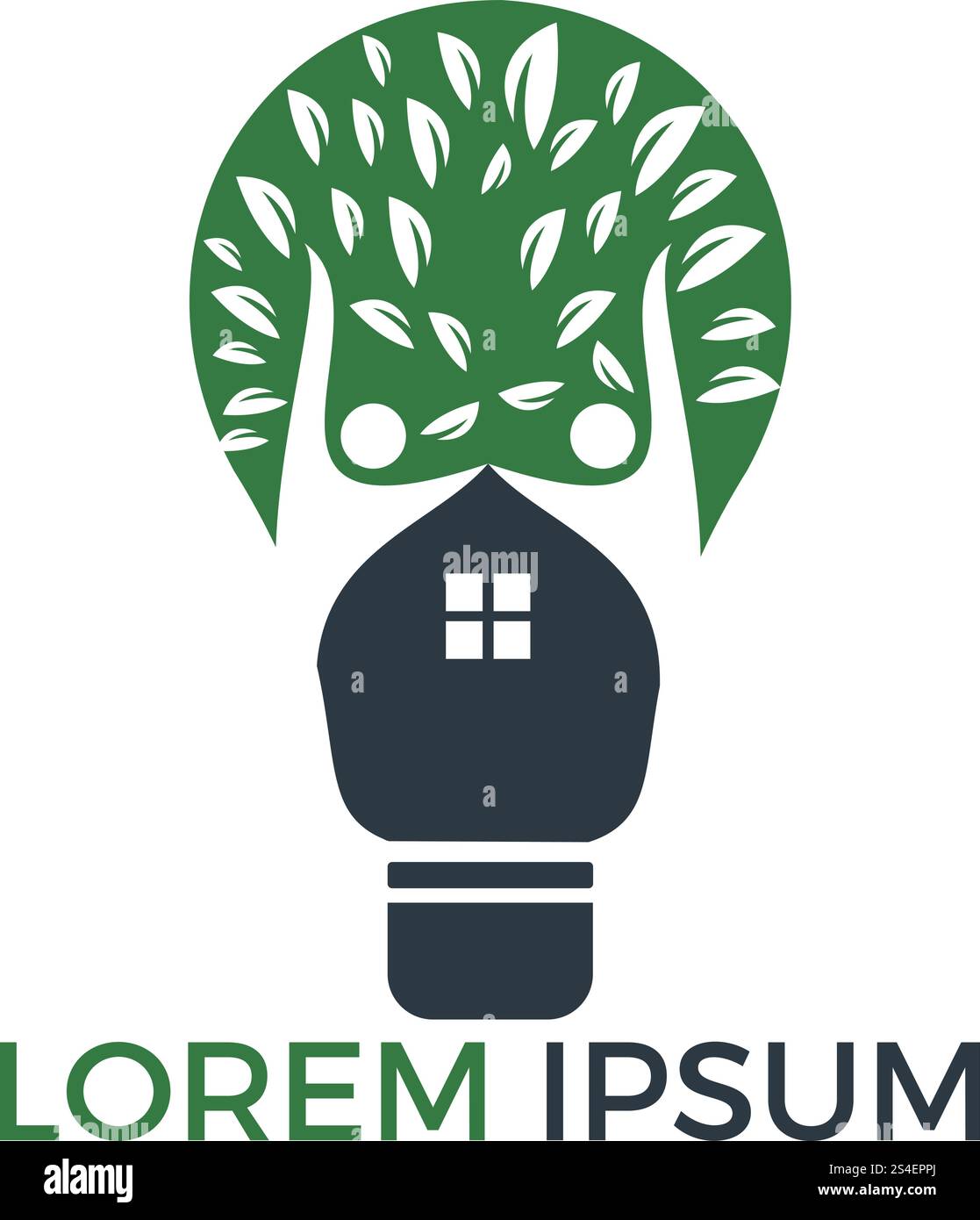 Smart-House-Logo-Vorlage. Glühbirne mit Baumhaus und People Logo. Konzept für intellektuelles Heim, Wohnung oder Hütte. Stock Vektor