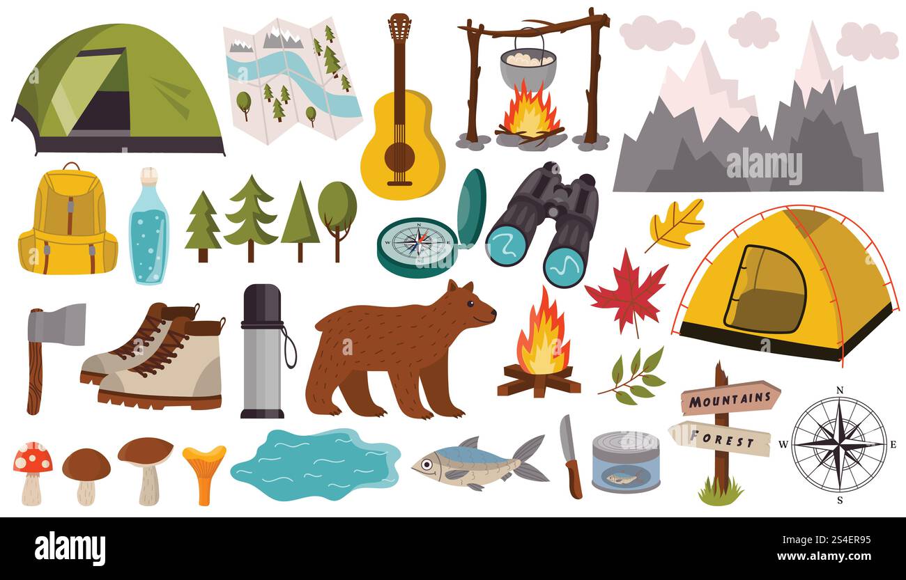 Cartoon-Design-Elemente für Sommer-Camping-Thema in flachem Stil isoliert auf weißem Hintergrund. Zelt und Lagerfeuer, Fernglas und Braunbär. Stock Vektor