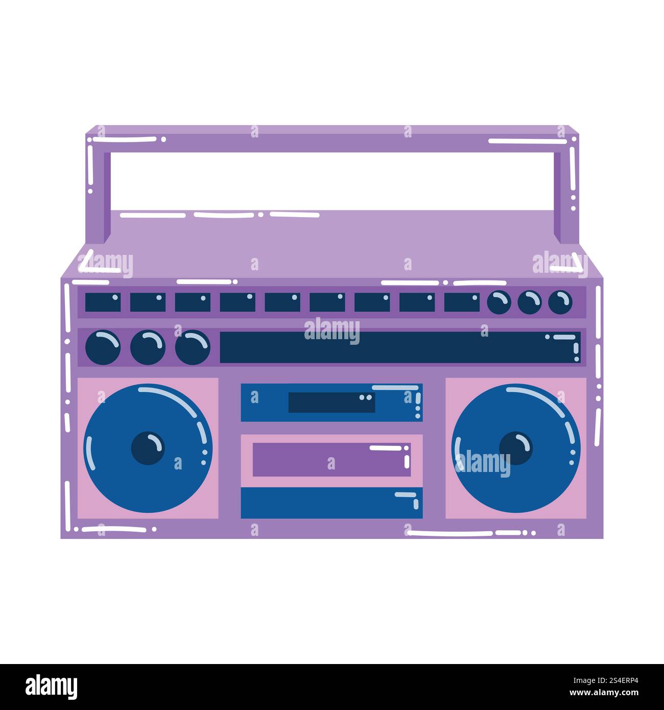 Niedliche Cartoon-Retro-Boombox im Stil der 90er Jahre isoliert auf weißem Hintergrund. Musikradio im Retro-Stil. Stock Vektor