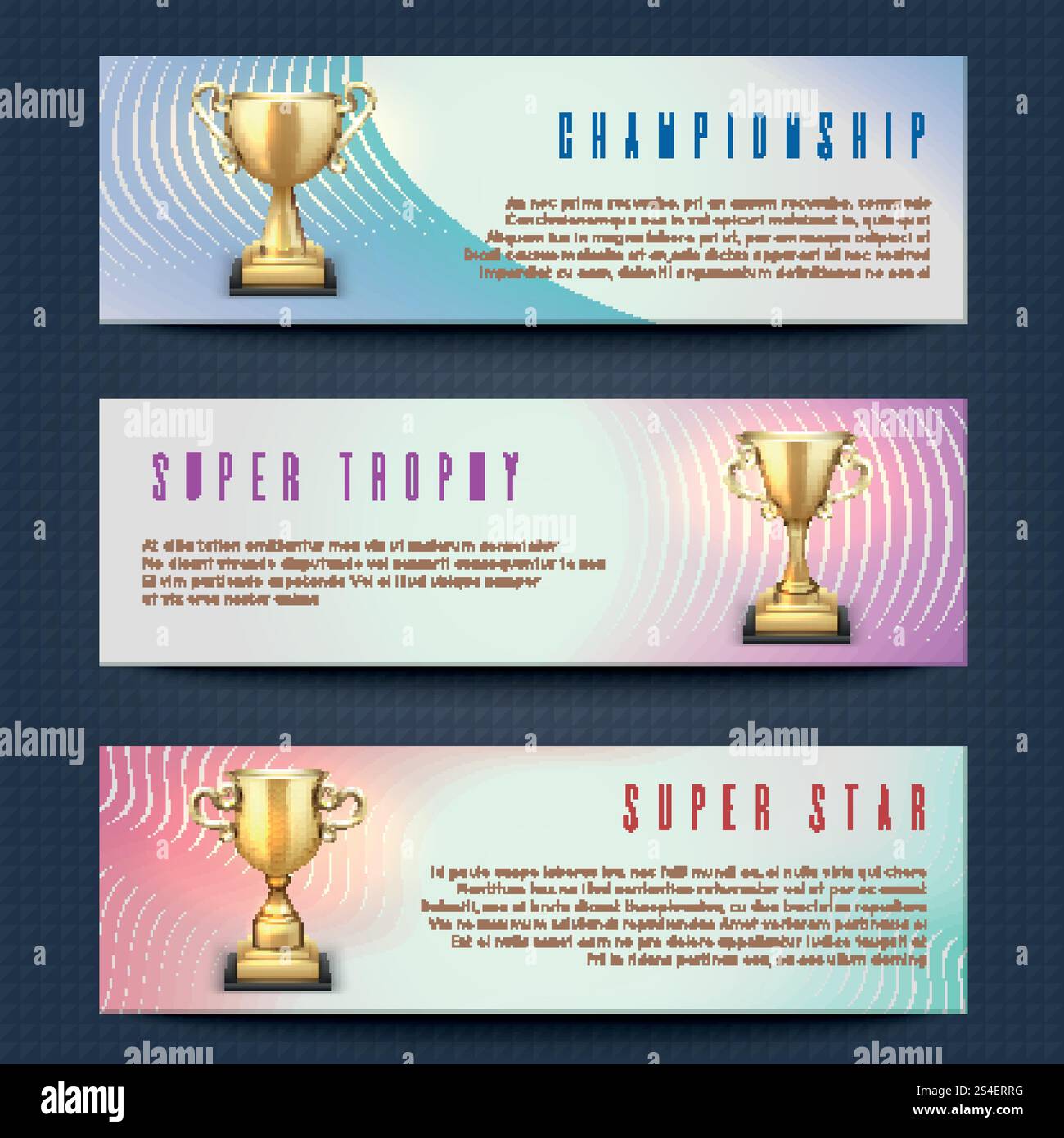 Horizontale Banner mit goldenen Sporttrophäen-Vektorkollektion. Superstar, Meisterschaft und Trophäen-Bannerkarte Illustration. Horizontale Banner mit goldenen Sporttrophäen-Vektorkollektion Stock Vektor