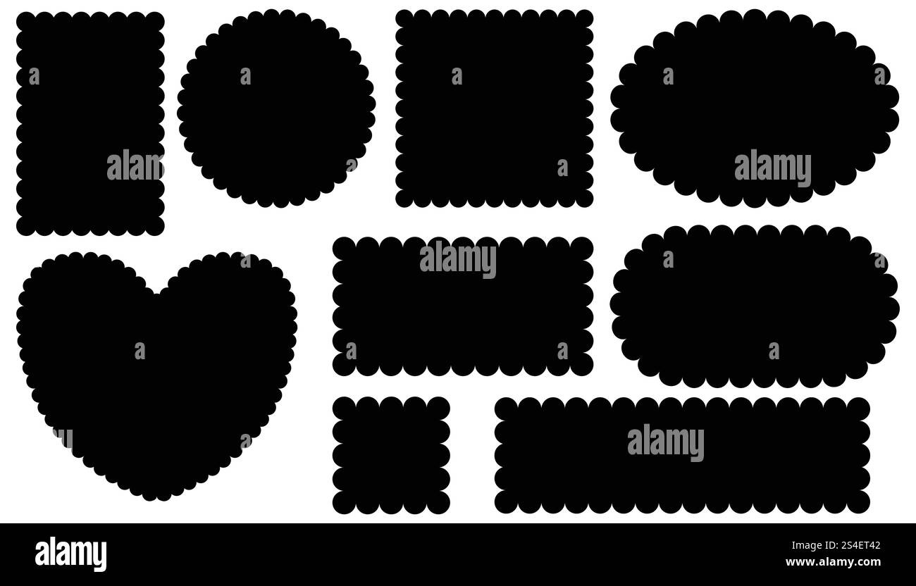 Schwarze Rahmen mit gewellten Kanten isoliert auf weiß. Einfache Etiketten mit Zick-Zack-Rahmen. Wiggly Abzeichen Formen Stock Vektor