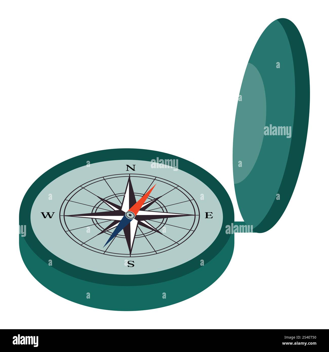 Comic Camping Kompass in flacher Art isoliert auf weißem Hintergrund. Stock Vektor